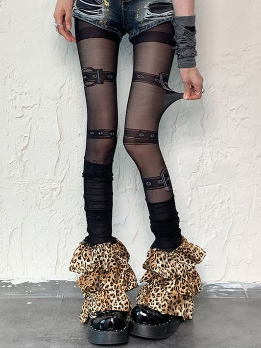 Black Punk Buckle Print Tights