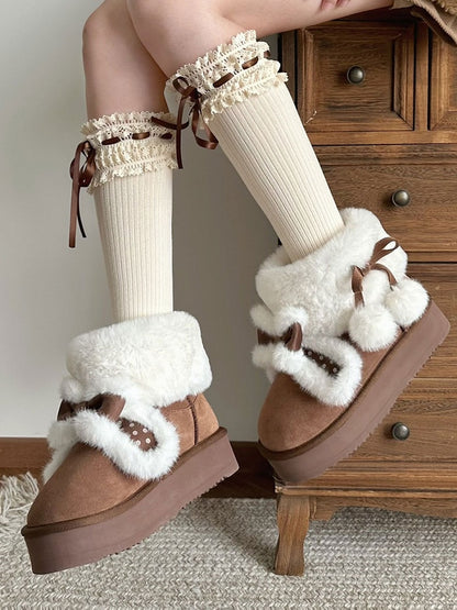 Sweet Lolita Dark Brown Platform Snow Boots - Plush Polka Dot Bunny Ears, Furry Lining & Pompoms Charm Self-Tie Straps