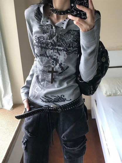 Gray Vintage Henley Neck Top with Tribal Print & Letter Embroidery