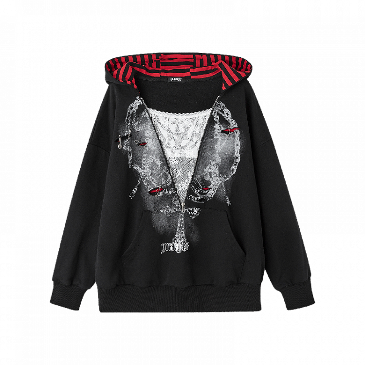 Y2K Black Distressed Holes Pin Accents Graphic Hoodie Faux Two-pieces