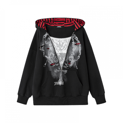 Y2K Black Distressed Holes Pin Accents Graphic Hoodie Faux Two-pieces