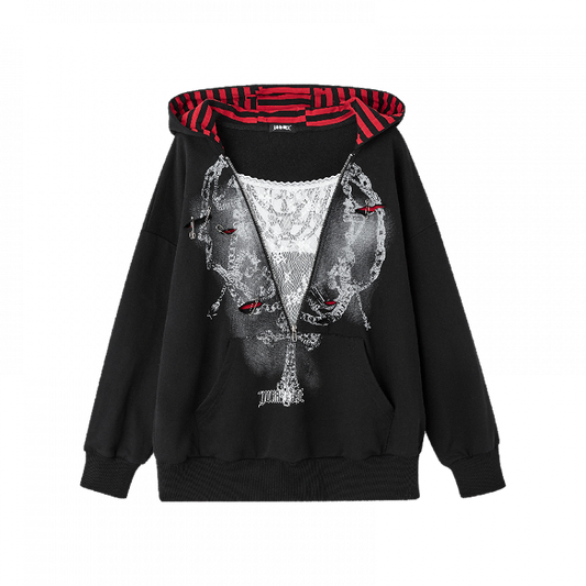 Y2K Black Distressed Holes Pin Accents Graphic Hoodie Faux Two-pieces