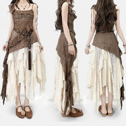 Brown Millard Fashion Asymmetrical Hem Cami Dress + Bell Sleeves Cardigan + White Asymmetrical Hem Skirt