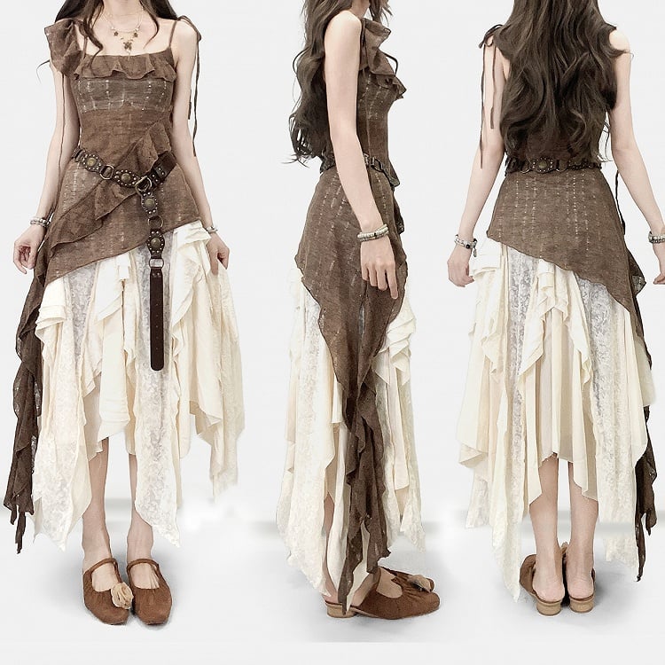 Brown Millard Fashion Asymmetrical Hem Cami Dress + Bell Sleeves Cardigan + White Asymmetrical Hem Skirt