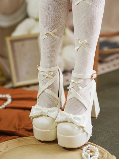 Crisscross Ankle Strap White Bow at Top 11cm High Heels