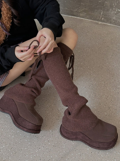 White/Light Grey/Black/Coffee/Khaki Self-tie Straps Knitted Leg Warmers