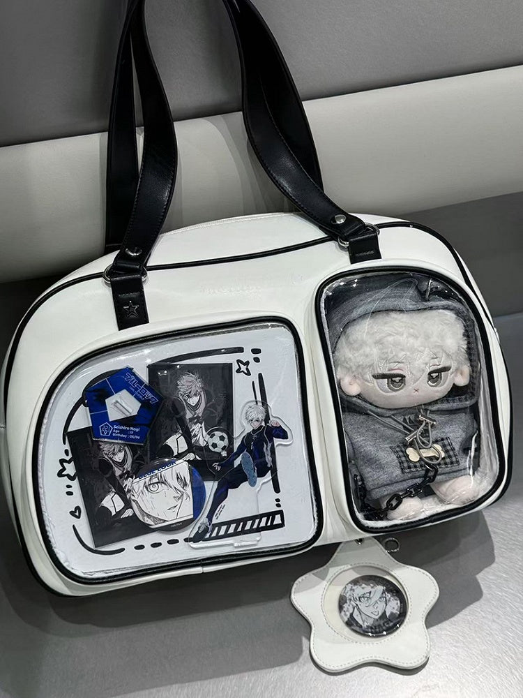 White & Black Contrast Trim Bread-shaped Ita Shoulder Bag