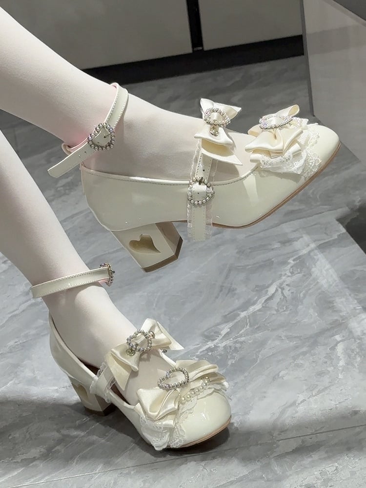 White Bow at Top Heart Cut-out Heels Mary Janes