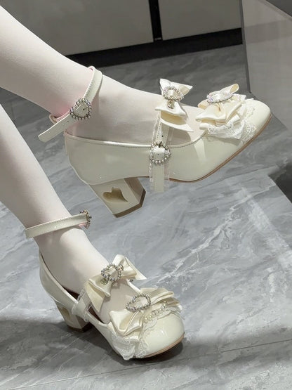White Bow at Top Heart Cut-out Heels Mary Janes