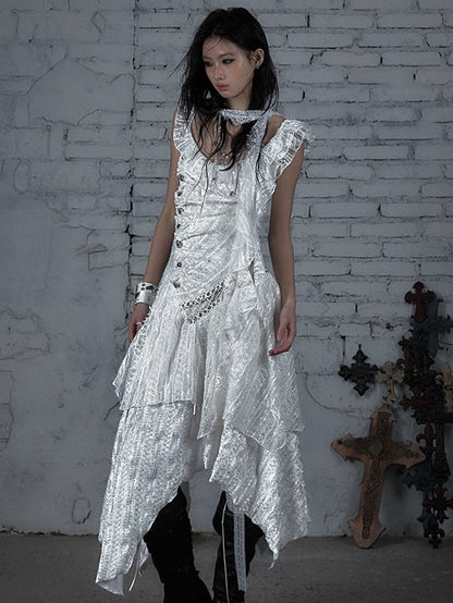 White Wasteland Punk Lace-up Design Handkerchief Hem Sleeveless Dress
