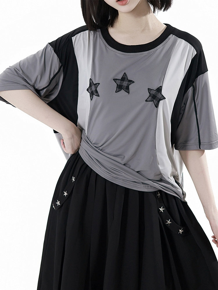 Black/Gray Colorblock Design Plaid Star Appliques Round Neck Sports T-shirt