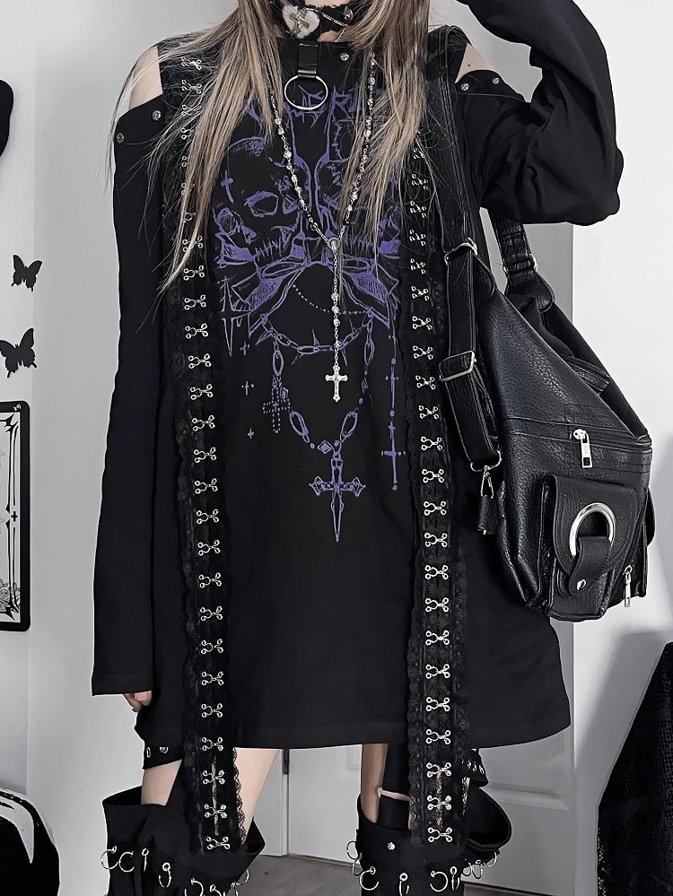 Black&Purple Emo Punk Cutout Shoulder Skeleton And Letter Print Long Sleeves Top