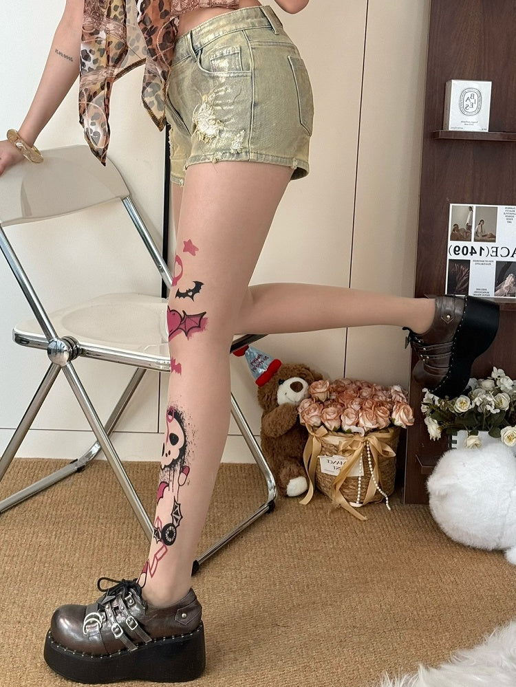 Nude Y2K Skeleton Bone And Heart Print Bittersweet Tights