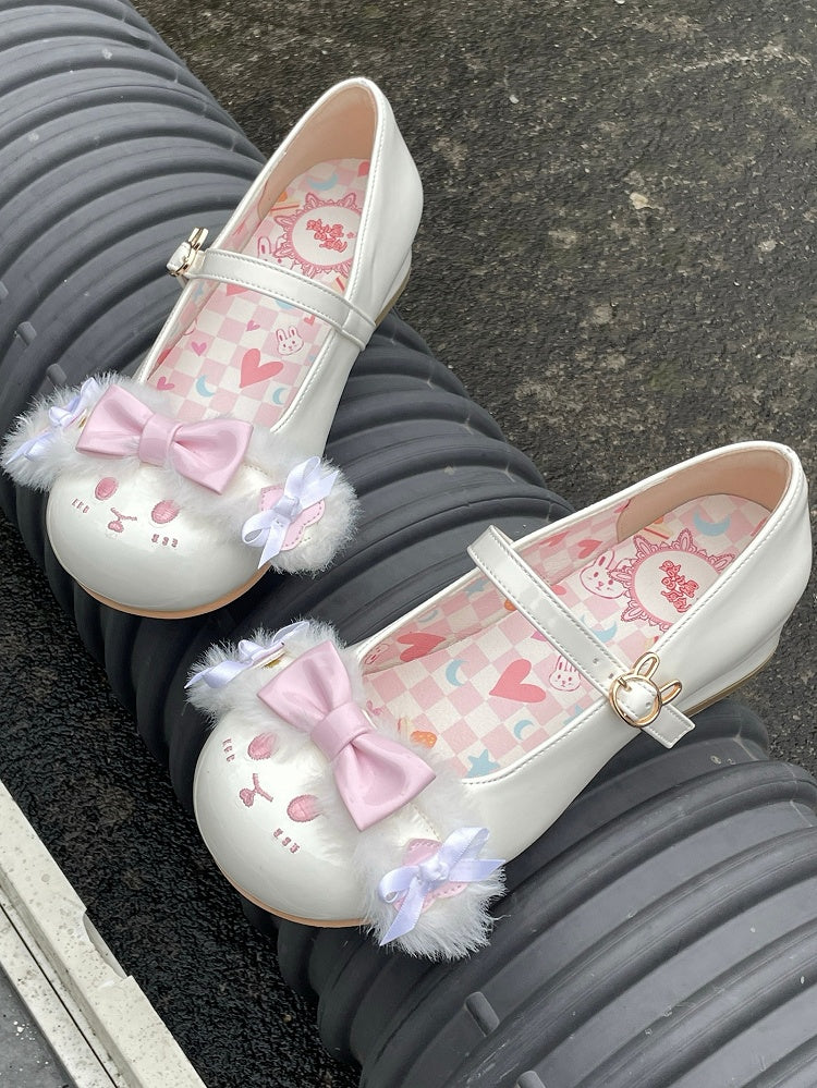 White&Pink Bowknot Details Plush Bunny Ear Sweet Lolita Round Toe Shoes With Bunny Buckle Strap