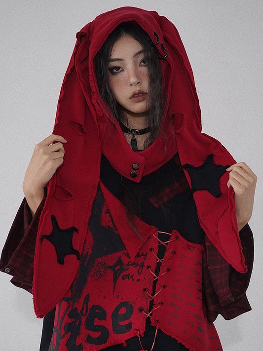 Distressed Holes Punk Bunny Ears Hat Black/Red