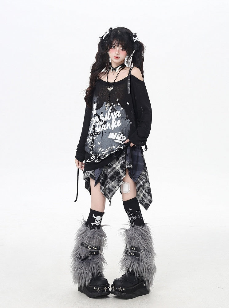 Asymmetrical Neckline Graffiti Print Star Buckles Light Gray/Black Coverup