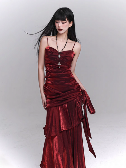 Wine Red Sweetheart Neckline Ruched Design Gown Evening Dress
