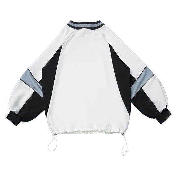 White V-Neck Regular/Back Bow Baseball-Style Sweatshirt with Front Numeric Design
