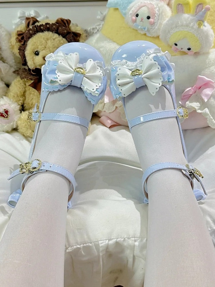 Mid-heel Sweet Blue Mary Janes for Lolita with Adorable Bear Heel & Multi-layer Bow at Top
