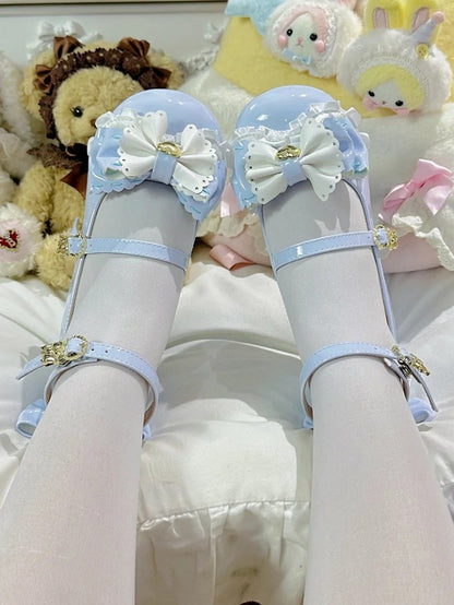 Mid-heel Sweet Blue Mary Janes for Lolita with Adorable Bear Heel & Multi-layer Bow at Top