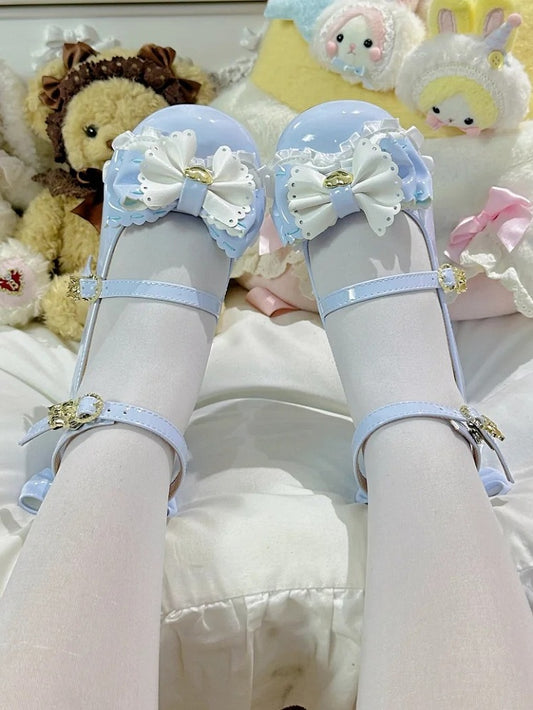 Mid-heel Sweet Blue Mary Janes for Lolita with Adorable Bear Heel & Multi-layer Bow at Top