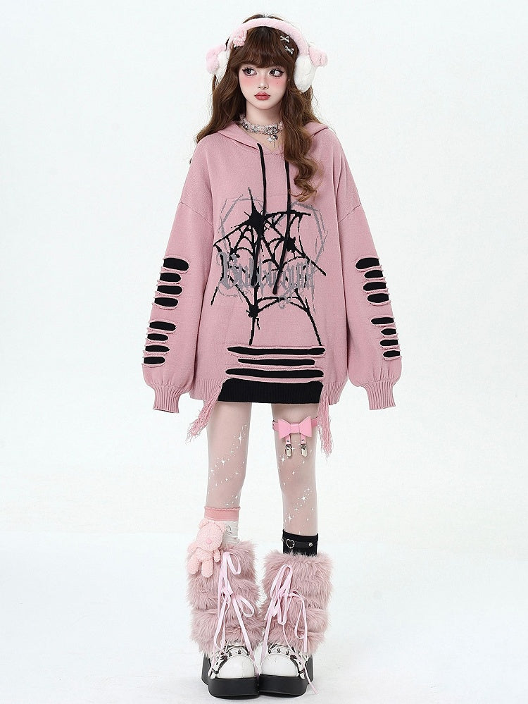Pink Gothic Spiderweb Distressed Holes Hooded Sweater