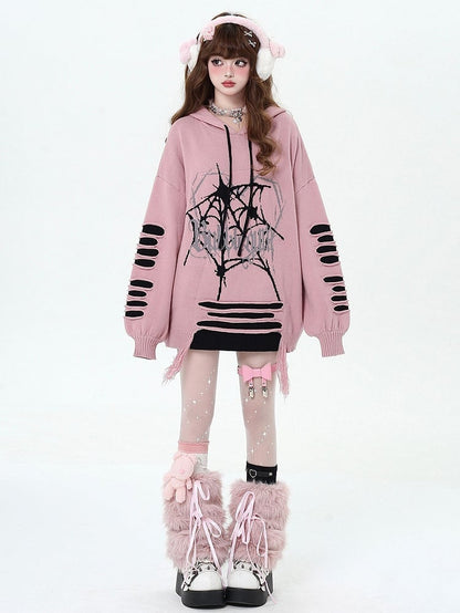 Pink Gothic Spiderweb Distressed Holes Hooded Sweater