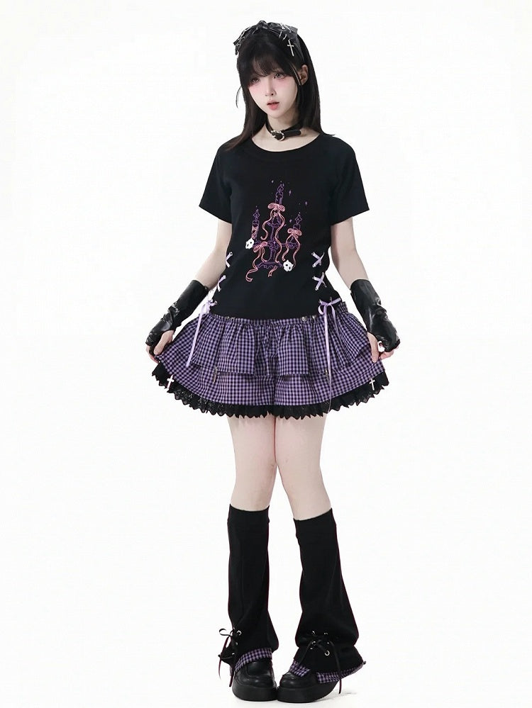 Purple Plaid Hem Black Lace-up Details Leg Warmers
