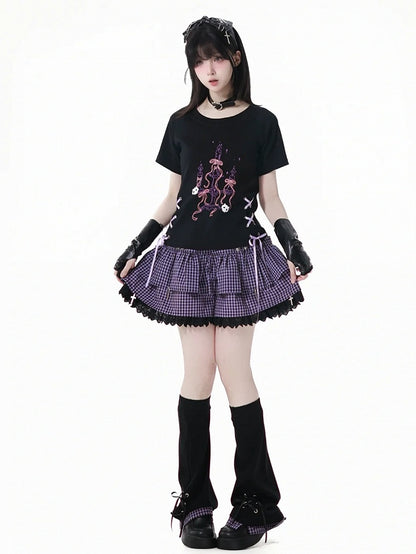 Purple Plaid Hem Black Lace-up Details Leg Warmers