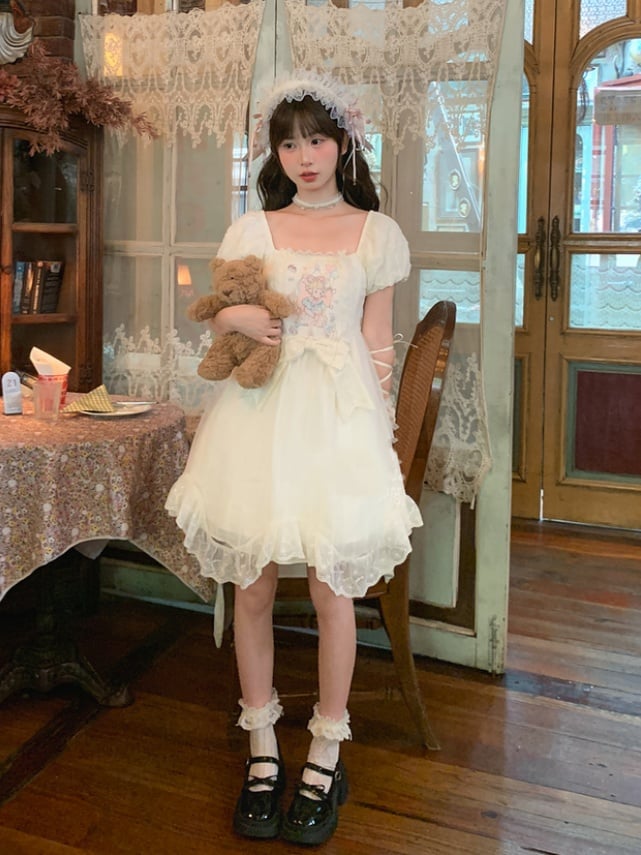 Sweet Fairy Tale Print Apricot Square Neckline and Short Puff Sleeves Big Bow Waist Casual Lolita Dress