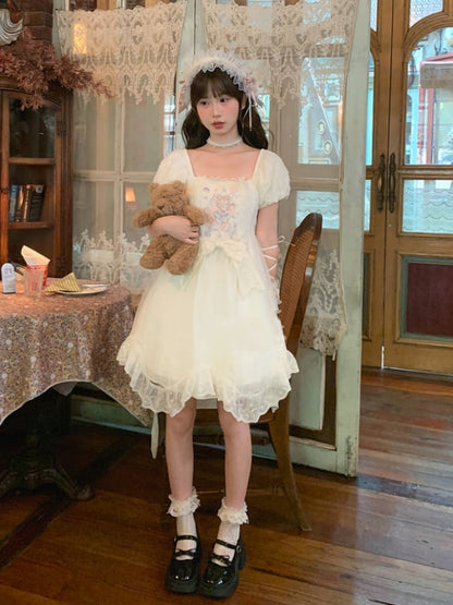 Sweet Fairy Tale Print Apricot Square Neckline and Short Puff Sleeves Big Bow Waist Casual Lolita Dress