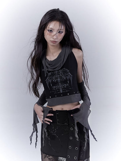 Black Cross Wing Print Punk Studded Sleeveless Top with Free Armwear