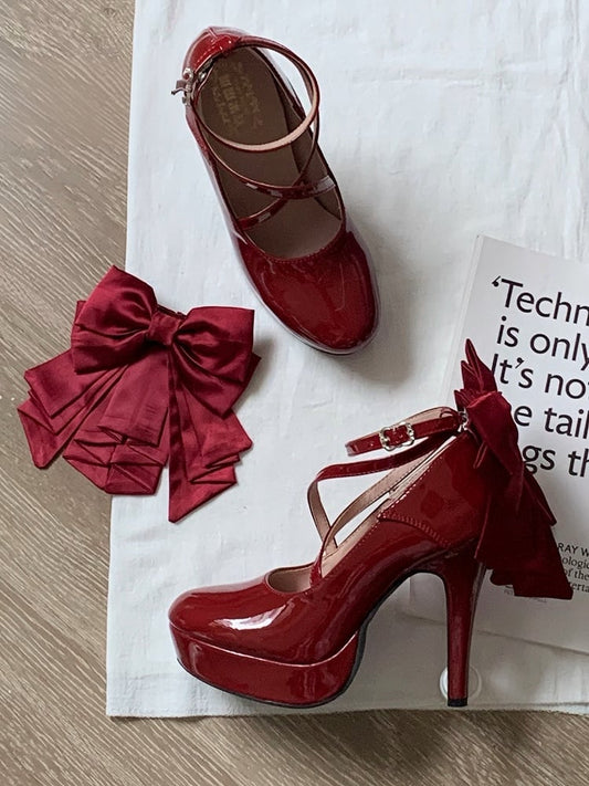 Polished Wine Red Detachable Bow Hime Lolita Platform High Block Heels