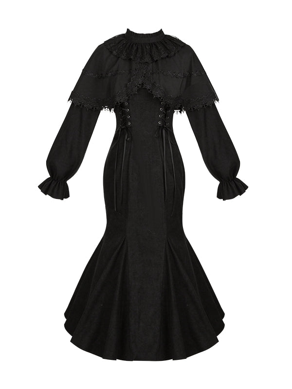 Black Jirai Kei-inspired Elegant Mermaid Dress with False Two-Piece Cape