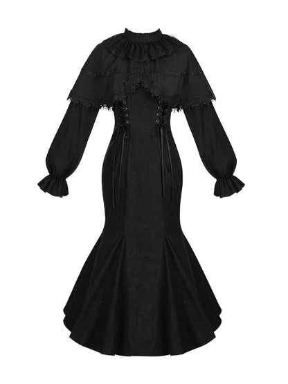 Black Jirai Kei-inspired Elegant Mermaid Dress with False Two-Piece Cape