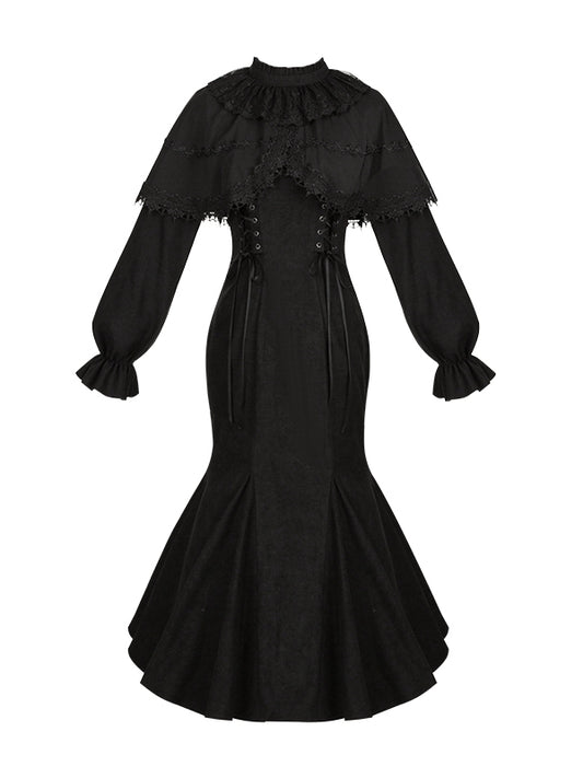Black Jirai Kei-inspired Elegant Mermaid Dress with False Two-Piece Cape