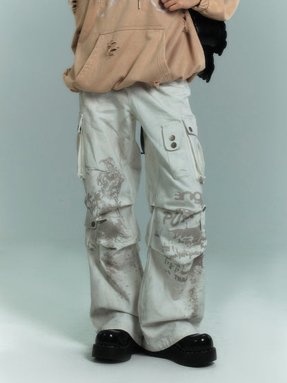 Punk White Distressed Streetwear Wide Leg Cargo Jeans