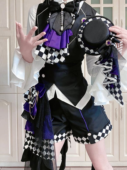 Black Foldover Collar Curved Hem Prince Style Ouji Lolita Waistcoat with Free Brooch