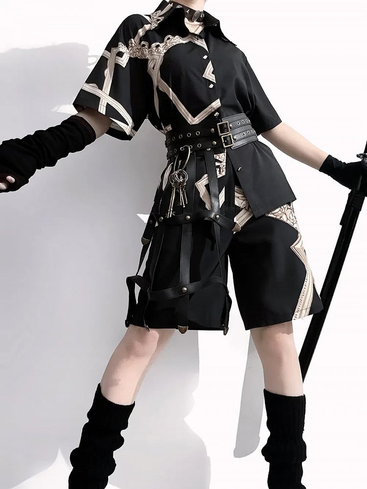 Black Asymmetrical Print Ouji Lolita Straight-leg Cut Shorts