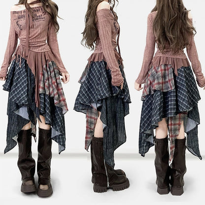 Dark Gray Plaid Pattern Handkerchief Hem Skirt