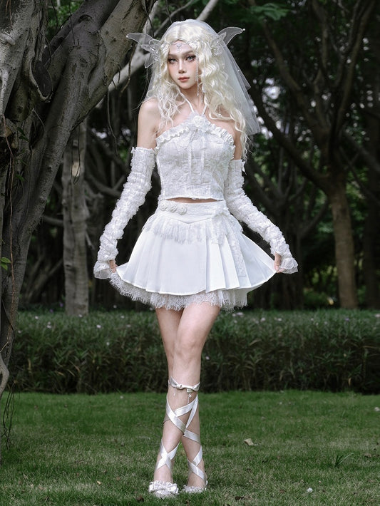 White Lace Raw Hem Fairy Goth Pleated Skirt
