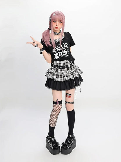 Y2K Black & Pink/Black & White Plaid Star Buckle Tiered Skirt with Lace-up Detail