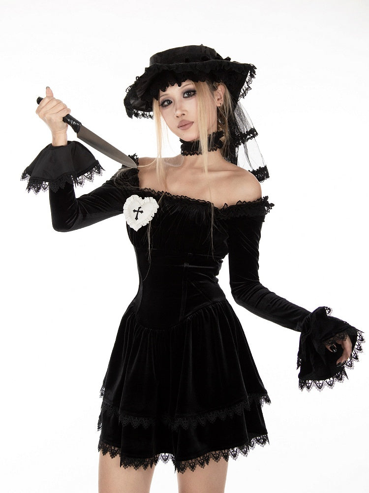Gothic Black Velvet Off-the-shoulder Neckline Bell Sleeves Dress