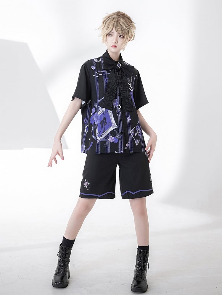 Ouji Fashion Poker and Rose Print Summer Magician Shirt with Bowtie