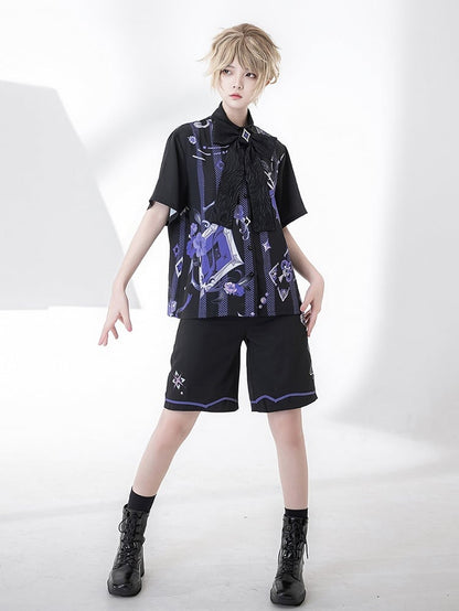 Ouji Fashion Poker and Rose Print Summer Magician Shirt with Bowtie