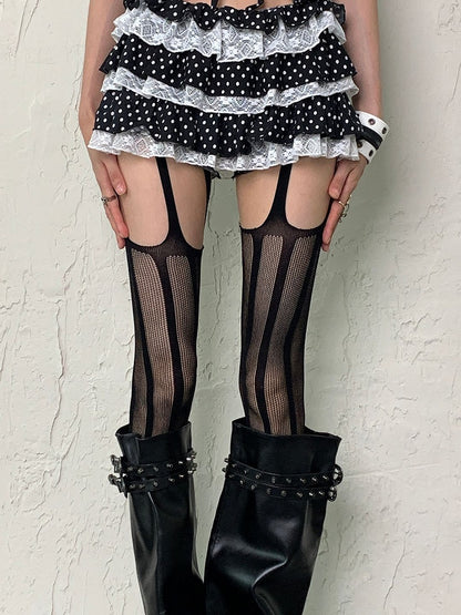 White/Black Y2K Striped Pattern Fishnet Suspender Tights