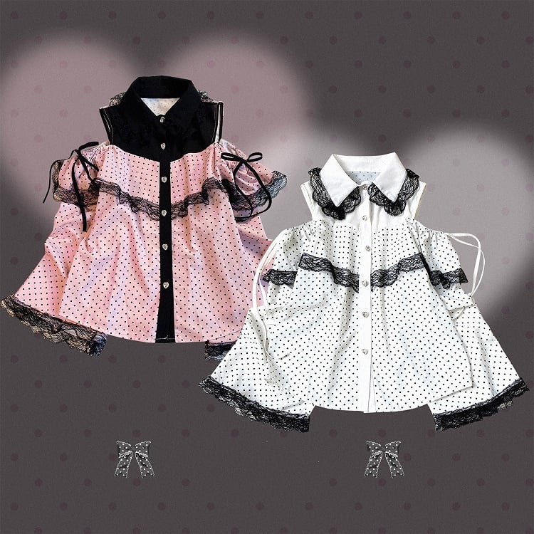 Jirai Kei White / Pink Polka-dot Blouse | Bell Sleeves, Cut-Out Shoulder with Drawstring & Heart Buttons