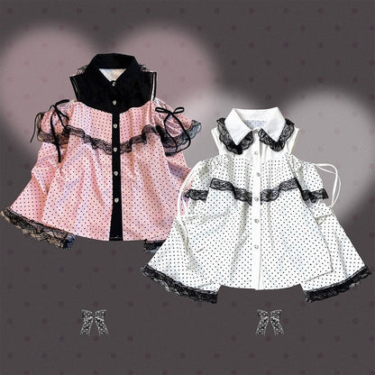 Jirai Kei White / Pink Polka-dot Blouse | Bell Sleeves, Cut-Out Shoulder with Drawstring & Heart Buttons