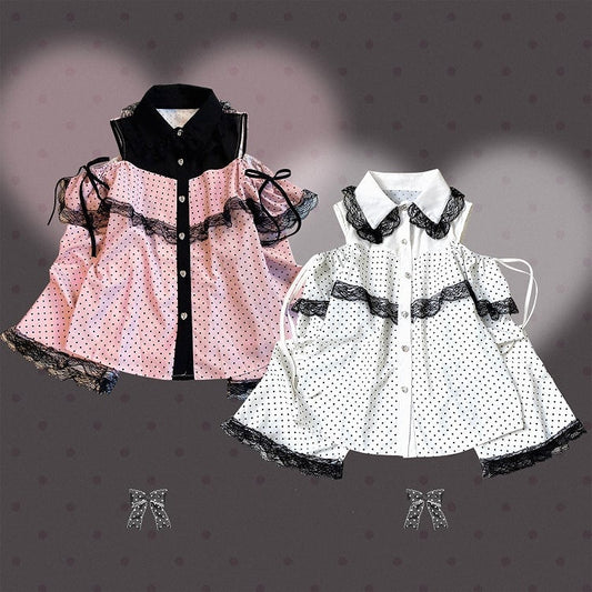 Jirai Kei White / Pink Polka-dot Blouse | Bell Sleeves, Cut-Out Shoulder with Drawstring & Heart Buttons