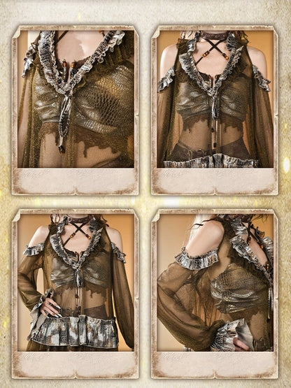 Dark Brown Wasteland Punk V-neck Semi-sheer Cutout Shoulder Design Long Sleeves Top